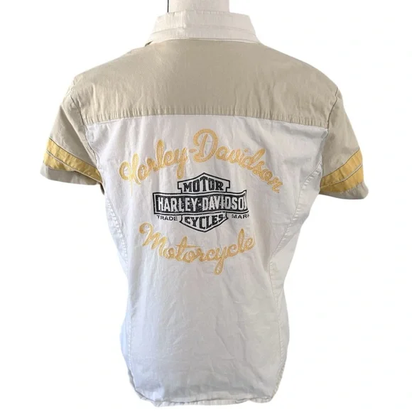 Harley Davidson Genuine Motorcycle Cream Yellow Utility Bowling Shirt Size L - Picture 3 of 4